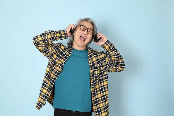 Senior Asian Man Yellow Plaid Shirt Standing Blue Background — Stock Photo, Image