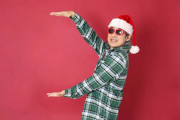 Senior Asian Man Wears Green Plaid Shirt Santa Claus Hat — Stock Photo, Image