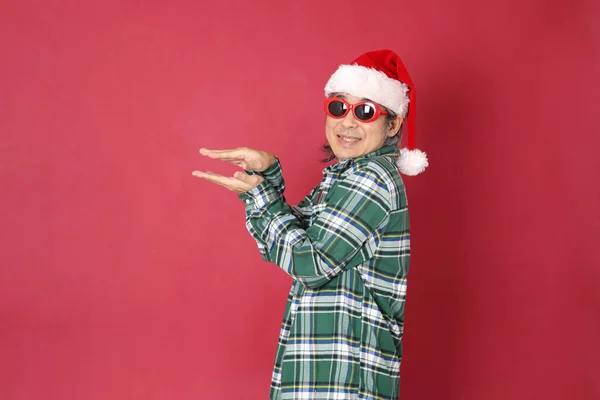 Senior Asian Man Wears Green Plaid Shirt Santa Claus Hat — Stock Photo, Image