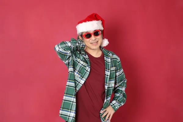 Senior Asian Man Wears Green Plaid Shirt Santa Claus Hat — Stock Photo, Image