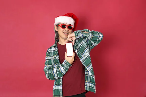 Senior Asian Man Wears Green Plaid Shirt Santa Claus Hat — Stock Photo, Image