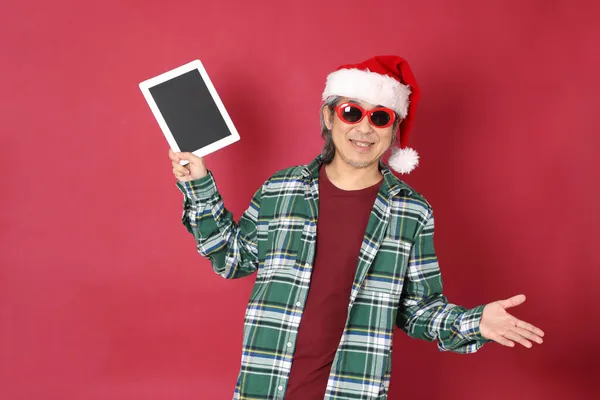 Senior Asian Man Wears Green Plaid Shirt Santa Claus Hat — Stock Photo, Image