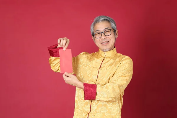 Ritratto Dell Uomo Asiatico Anziano Che Indossa Tradizione Cinese Vestito — Foto Stock