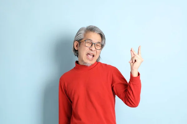 Senior Asian Man Standing Blue Background — Stock Photo, Image