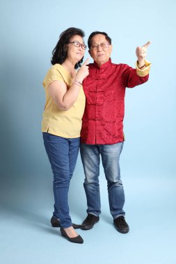 Mavi arka planda duran kıdemli Asyalı çift..