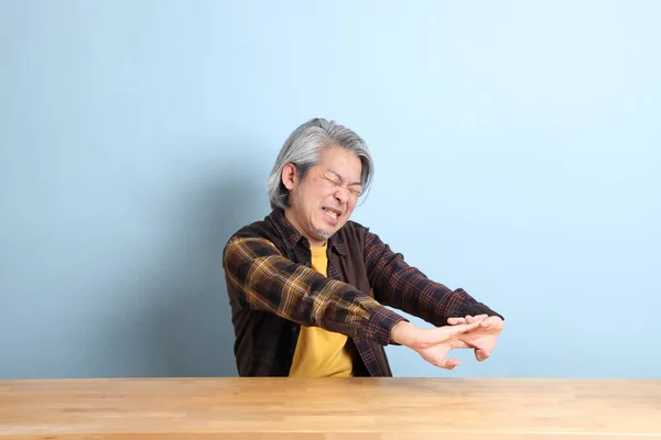 Senior Asian Man Wearing Yellow Plaid Shirt Sitting Working Desk — Photo