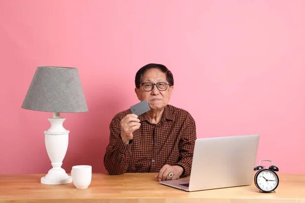 Senior Asian Man Sitting Working Desk Laptop Pink Background — Photo