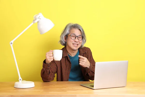 Ηλικιωμένος Ασιάτης Που Δουλεύει Φορητό Υπολογιστή Φόντο Χρώμα — Φωτογραφία Αρχείου