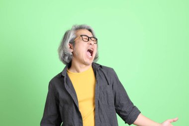 Kıdemli Asyalı, şık giyinmiş açık yeşil arka planda duruyor..