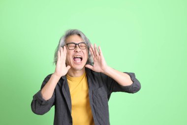 Kıdemli Asyalı, şık giyinmiş açık yeşil arka planda duruyor..