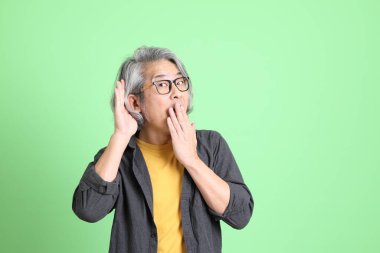 Kıdemli Asyalı, şık giyinmiş açık yeşil arka planda duruyor..