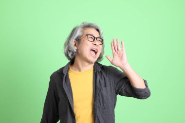 Kıdemli Asyalı, şık giyinmiş açık yeşil arka planda duruyor..