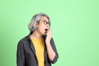 Kıdemli Asyalı, şık giyinmiş açık yeşil arka planda duruyor..