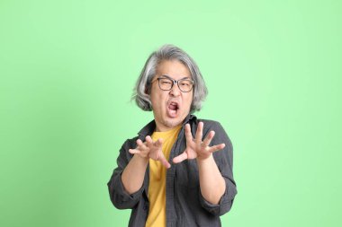 Kıdemli Asyalı, şık giyinmiş açık yeşil arka planda duruyor..