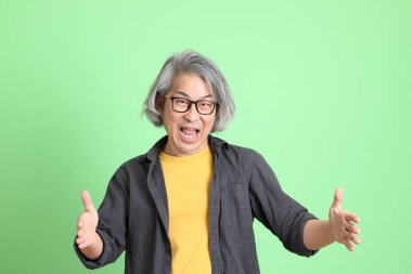 Kıdemli Asyalı, şık giyinmiş açık yeşil arka planda duruyor..