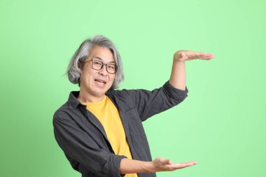 Kıdemli Asyalı, şık giyinmiş açık yeşil arka planda duruyor..