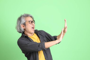 Kıdemli Asyalı, şık giyinmiş açık yeşil arka planda duruyor..