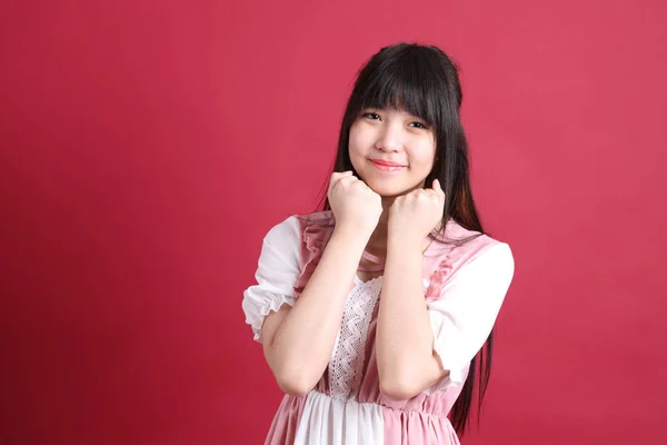 Teen Asian Girl Cute Japanese Costume Standing Red Background — Stock Photo, Image