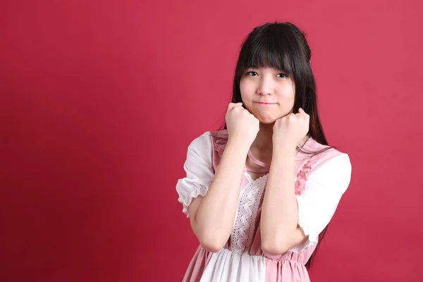 Teen Asian Girl Cute Japanese Costume Standing Red Background — Stock Photo, Image