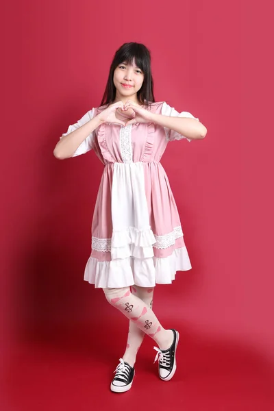 Teen Asian Girl Cute Japanese Costume Standing Red Background — Stock Photo, Image