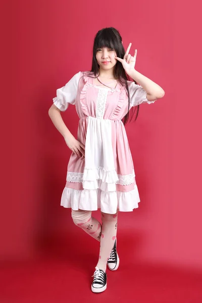 Teen Asian Girl Cute Japanese Costume Standing Red Background — Stock Photo, Image