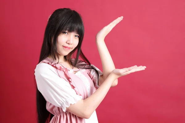 Teen Asian Girl Cute Japanese Costume Standing Red Background — Stock Photo, Image