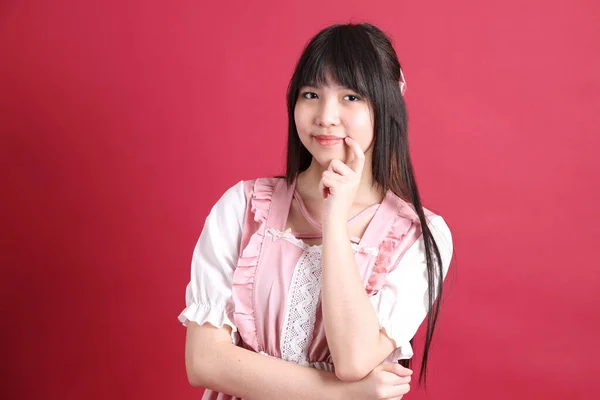 Teen Asian Girl Cute Japanese Costume Standing Red Background — Stock Photo, Image