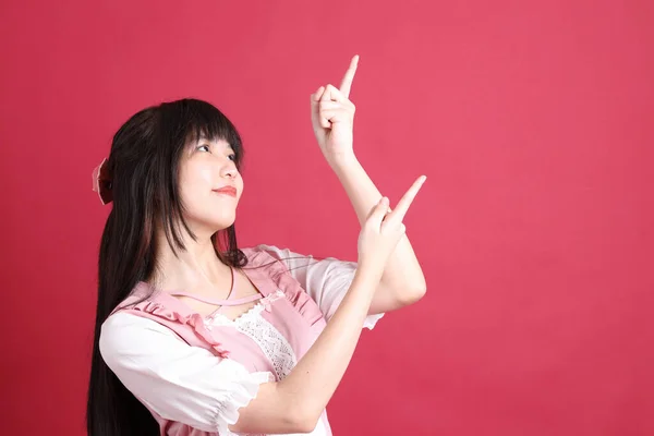 Teen Asian Girl Cute Japanese Costume Standing Red Background — Stock Photo, Image