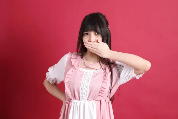 Teen Asian Girl Cute Japanese Costume Standing Red Background — Stock Photo, Image