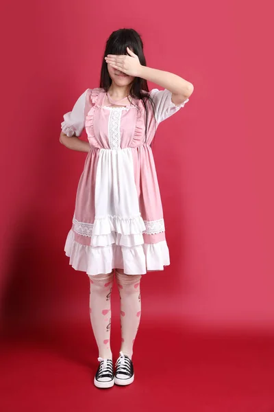 Teen Asian Girl Cute Japanese Costume Standing Red Background — Stock Photo, Image