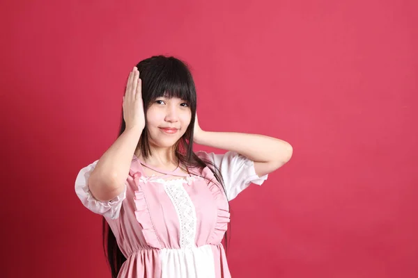 Teen Asian Girl Cute Japanese Costume Standing Red Background — Stock Photo, Image