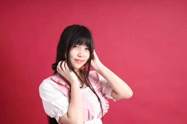 Teen Asian Girl Cute Japanese Costume Standing Red Background — Stock Photo, Image