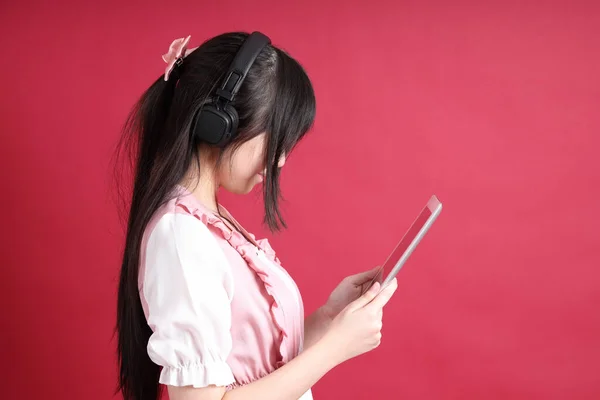 Teen Asian Girl Cute Japanese Costume Standing Red Background — Stock Photo, Image