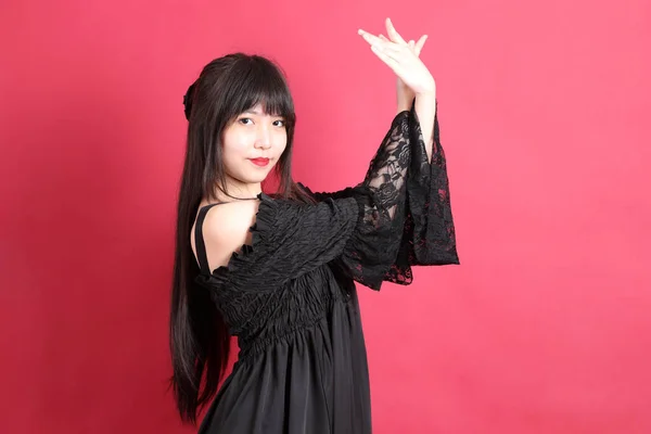 Teen Asian Girl Cute Gothic Dressed Standing Red Background — Stock Photo, Image