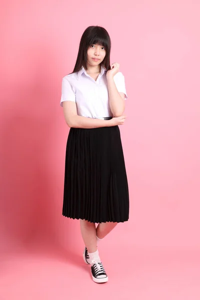 Teen Asian Girl University Uniform Standing Pink Background — Stock Photo, Image