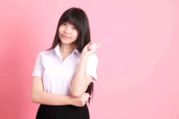 Chica Asiática Adolescente Con Uniforme Universitario Pie Sobre Fondo Rosa —  Fotos de Stock