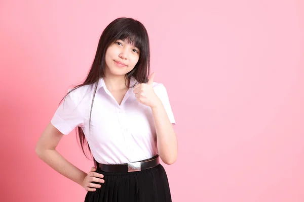 Menina Asiática Adolescente Com Uniforme Universitário Fundo Rosa — Fotografia de Stock