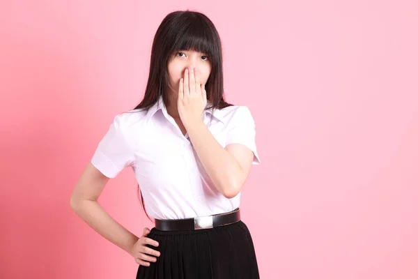 Teen Asian Girl University Uniform Standing Pink Background — Stock Photo, Image