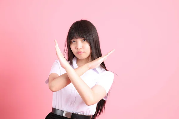 Teen Asian Girl University Uniform Standing Pink Background — Stock Photo, Image