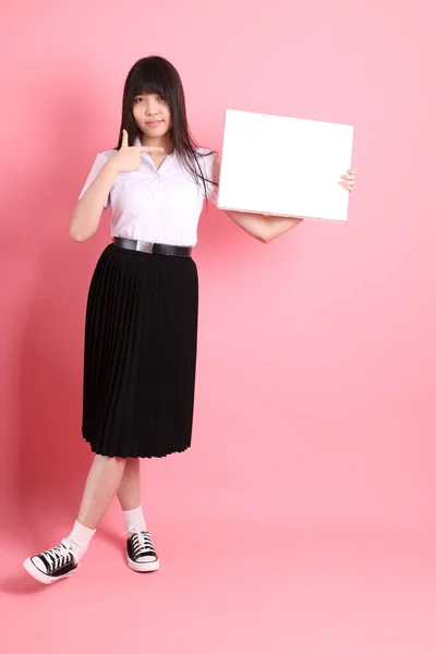 Teen Asian Girl University Uniform Standing Pink Background — Stock Photo, Image