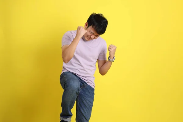 Young Adult Asian Man Standing Yellow Background — Stock Photo, Image