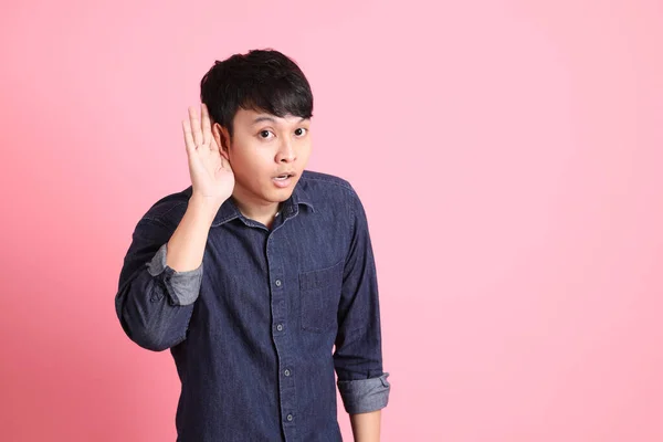Young Adult Asian Man Standing Pink Background — Stock Photo, Image