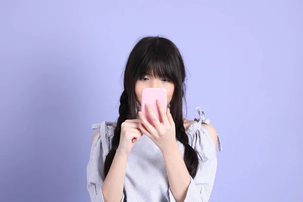 Young Asian Girl Purple Preppy Dressed Standing Purple Background — Stock Photo, Image