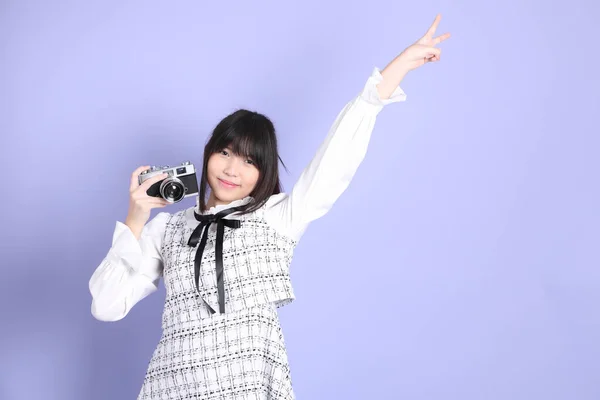 Young Asian Girl White Preppy Dressed Standing Purple Background — Stock Photo, Image