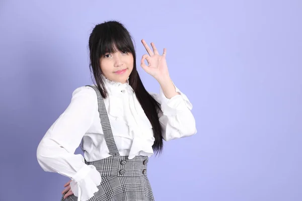 Jovem Menina Asiática Bonito Com Branco Preppy Vestido Estilo Sobre — Fotografia de Stock