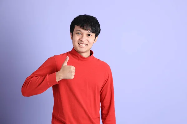 Young Adult Southeast Asian Man Red Long Sleeve Shirt Standing — Stock Photo, Image