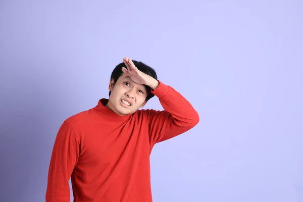 Young Adult Southeast Asian Man Red Long Sleeve Shirt Standing — Stock Photo, Image