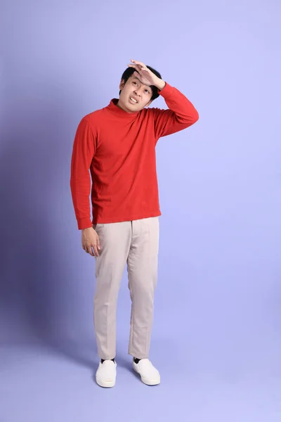 Young Adult Southeast Asian Man Red Long Sleeve Shirt Standing — Stock Photo, Image