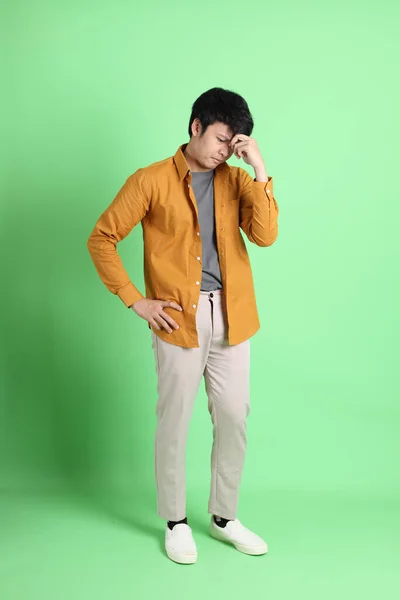 Young Adult Asian Man Smart Casual Clothes Standing Light Green — Stock Photo, Image