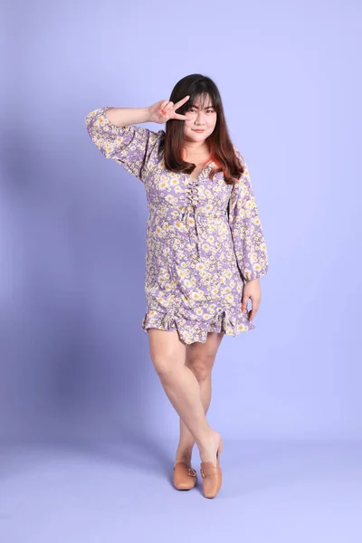 Chubby Asian Woman Standing Purple Background Casual Clothes — стоковое фото